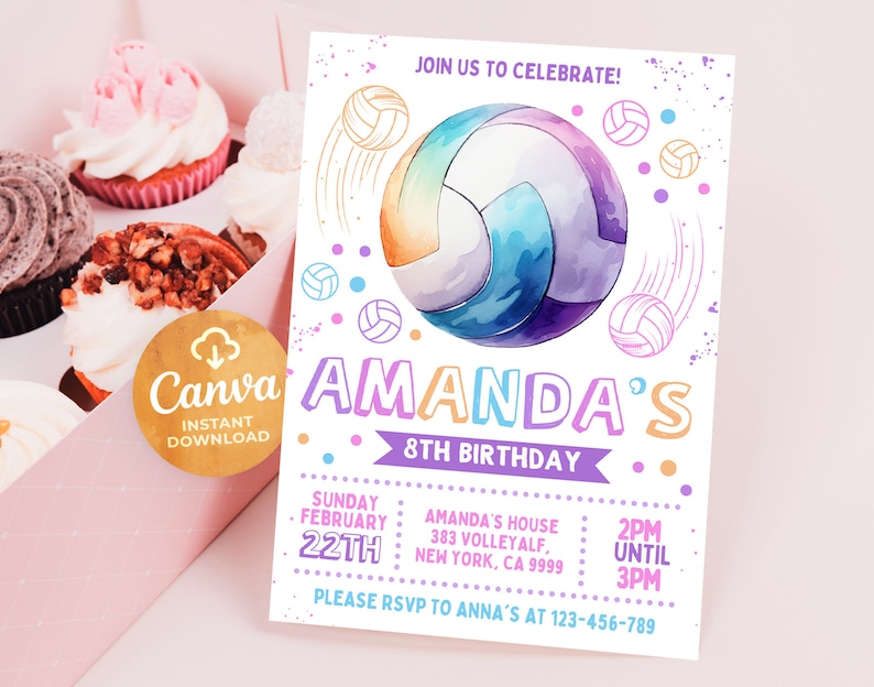 Puede incluir: Una invitaci&oacute;n colorida para una fiesta de cumplea&ntilde;os n&uacute;mero 8 con un dise&ntilde;o de voleibol de acuarela. La invitaci&oacute;n dice "&iexcl;&Uacute;nete a nosotros para celebrar! El octavo cumplea&ntilde;os de Amanda" e incluye la fecha, la hora y el lugar de la fiesta.