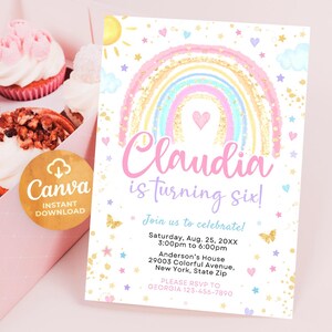 May include: A colorful rainbow birthday invitation with glitter and stars. The invitation says "Claudia is turning six!" and includes details for the party, including the date, time, and location.