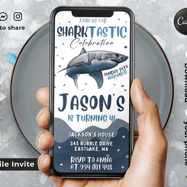 Editable Shark Mobile Invitation Template | Birthday Party Invitations, Digital Kids Party Invite, Instant Download Evite