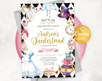 May include: Alice in Wonderland themed first birthday party invitation with a black and white chequered background. The invitation features a watercolour illustration of Alice, the Mad Hatter, a white rabbit, and a teacup. The text on the invitation reads "Don't be late for a very important date. Please join us in Andreas Onederland to celebrate her magical 1st birthday. Saturday, 22nd November | 4PM. Andrea's Residence, Northline Weakline 32 Dr., Los Angeles, CA9903. Rsvp to Megan at 123-456-789."