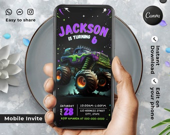 Plantilla de invitación móvil editable de Monster Truck / Invitaciones a fiestas de cumpleaños, Invitación a fiestas digitales para niños, Descarga instantánea Evite