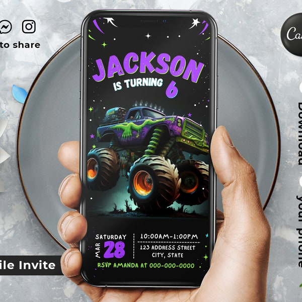 Editable Monster Truck Mobile Invitation Template | Birthday Party Invitations, Digital Kids Party Invite, Instant Download Evite