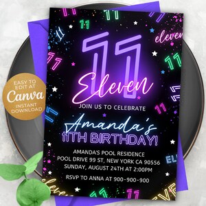 11th Girl Birthday Invitation, 11th invitation, Neon Girl Invitation, Glow Invitation, 5x7, Canva DJN02