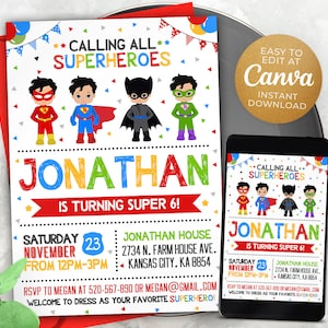 Editable Superhero Birthday Invitation Template, Printable Birthday Party Invitations, Digital Kids Party Invite, 5x7, Canva