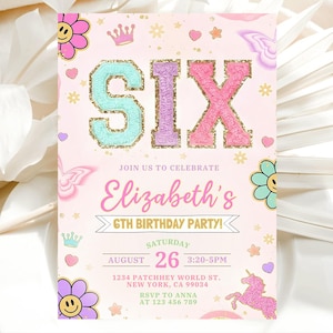 May include: A pink birthday party invitation with the word "SIX" in large, glittery letters. The invitation includes the text "Join us to celebrate Elizabeth's 6th Birthday Party!" and features floral and heart designs.