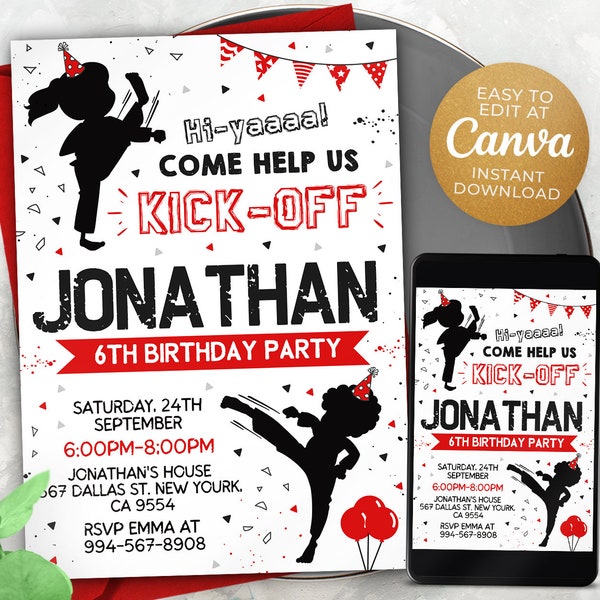 Editable Karate Invitation Template, Printable Birthday Party Invitations, Digital Kids Party Invite, 5x7, Canva