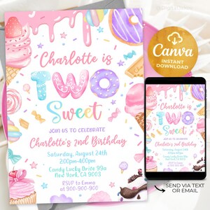 May include: A pink and blue birthday invitation with a watercolor design featuring a donut, ice cream cone, and cupcake. The text on the invitation reads "Charlotte is Two Sweet" and includes details for a second birthday party.