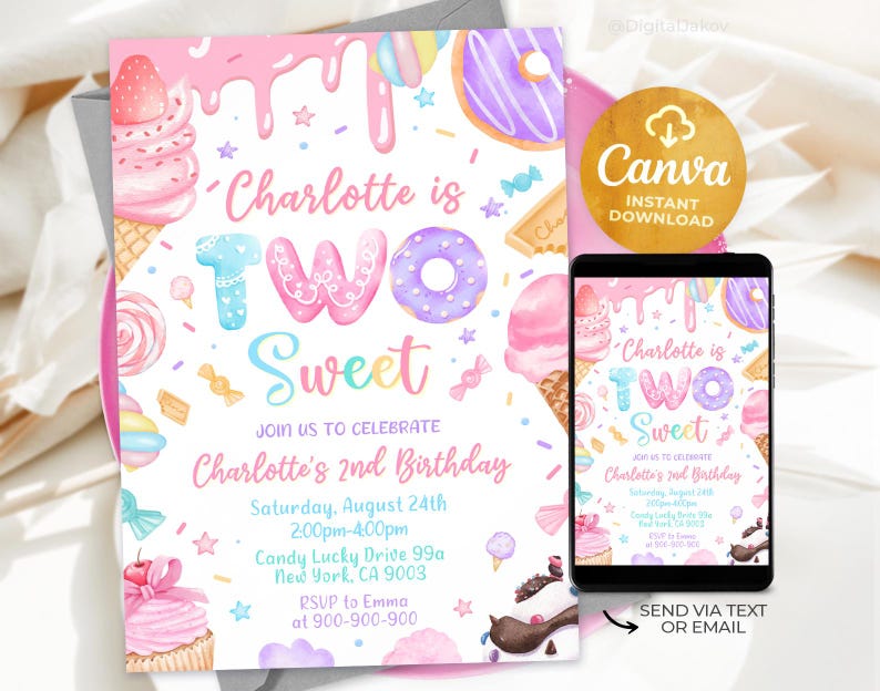 May include: A pink and blue birthday invitation with a watercolor design featuring a donut, ice cream cone, and cupcake. The text on the invitation reads "Charlotte is Two Sweet" and includes details for a second birthday party.