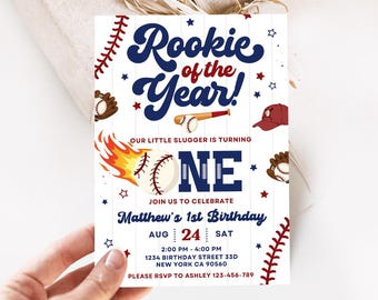 Invitación al primer cumpleaños de béisbol: Novato del Año, plantilla de Canva (descarga digital)