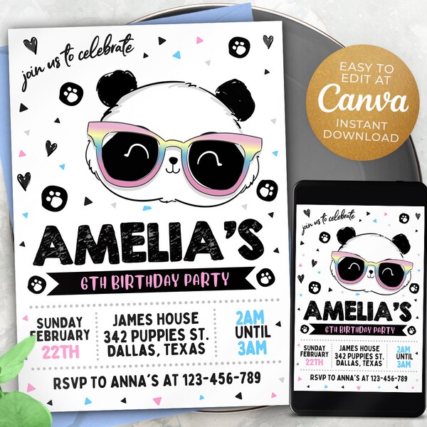 Editable Rainbow Panda Birthday Invitation Template, Printable Birthday Party Invitations, Digital Kids Party Invite, 5x7, Canva