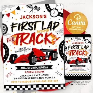 Eerste verjaardagsuitnodiging raceauto, eerste ronde rond het circuit uitnodigen, formule uitnodiging, jongen 1e verjaardag uitnodigen, 240901