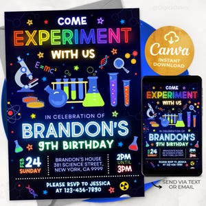 May include: A neon-colored birthday invitation for a 9th birthday party with a science theme. The invitation features a microscope, beakers, and test tubes. The text on the invitation reads "Come Experiment With Us" and "In Celebration of Brandon's 9th Birthday".