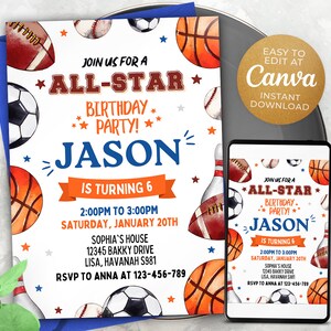 Editable Sports Birthday Invitation Template, Printable Birthday Party Invitations, Digital Kids Party Invite, 5x7, Canva