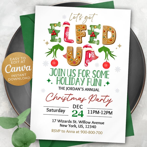 Let's Get Elfed Up Invitation, Funny Christmas Invitation, Friendsmas Invitation, Adult Holiday Invitation, Canva 5x7 Editable ND3