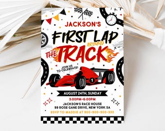 Race Car First Birthday Invitation, First Lap Around The Track Invite, Formula Invitation, Boy 1st Birthday Invite, 240901