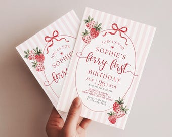 Berry First Birthday Invitation, Girl 1st Birthday Invitation, Strawberry Invitation, 1st Birthday Invite, Digital or Printed, DJ4149