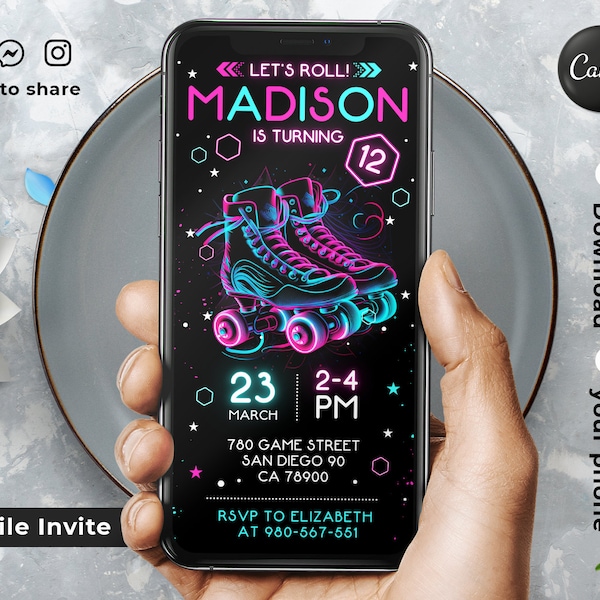 Plantilla de invitación móvil de patinaje sobre ruedas editable / invitaciones a fiestas de cumpleaños, invitación a fiestas digitales para niños, descarga instantánea Evite