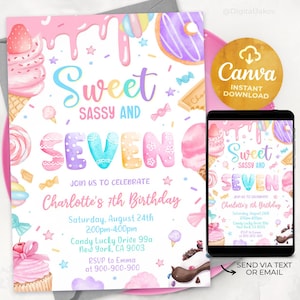 Sweet Sassy and Seven Birthday Invitation, Girl 7th Birthday Invitation, Sweet Seven Invitation, Pastel Sweets Dessert Candy, Canva 2502