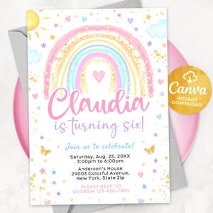 May include: A pink and purple birthday invitation with a rainbow, stars, and glitter. The text reads "Claudia is turning six!" and includes details for the party, including the date, time, and location.