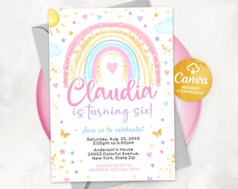May include: A pink and purple birthday invitation with a rainbow, stars, and glitter. The text reads "Claudia is turning six!" and includes details for the party, including the date, time, and location.