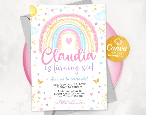 Rainbow Birthday Invitation, Watercolor rainbow Invitation, Colorful Invitation, Girl Rainbow Invitation, Pastel Colors Invitation, Canva 02