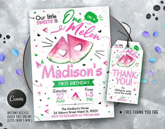 Editable Watermelon Birthday Invitation Template, Printable Birthday ...