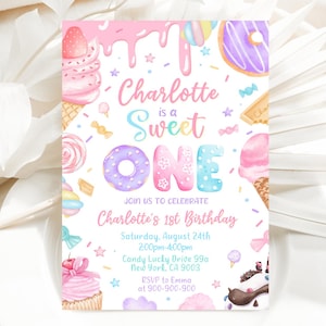Invito per il primo compleanno di una ragazza, invito per il primo compleanno di una bambina, invito per cupcake con gelato e ciambelle, dolciumi e dessert pastello, Canva 2501