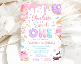 Invitación de cumpleaños para niña, invitación para primer cumpleaños, postres pastel, donas, dulces, helados, cupcakes, Canva 2501