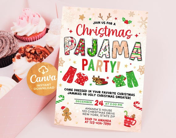 Christmas Pajama Invitation, Sleepover Pajama Invitation, Christmas Pajama Party, Holiday Party Invite, Template Canva 2401G