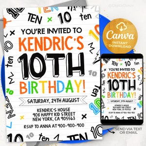 10Th Birthday Invitation, Boy Birthday Invitation, Canva Editable Template 5x7, DJ0512
