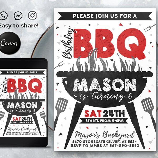 Editable BBQ Birthday Invitation Template, Cat Invitation, Printable Birthday Party Invitations, Digital Kids Party Invite, 5x7, Canva