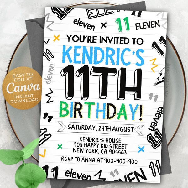 11Th Birthday Invitation, Boy Birthday Invitation, Canva Editable Template 5x7, DJNEW0x2