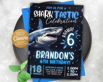 Editable Shark Invitation, Shark Invites, 5x7 Canva NEWS2