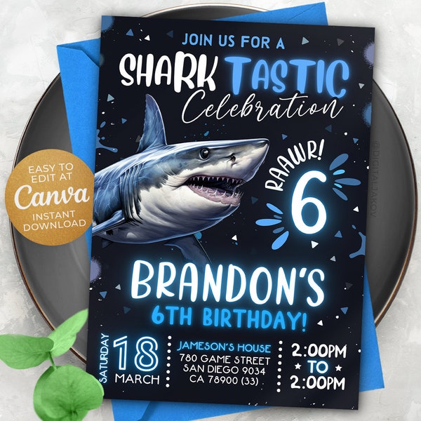 Editable Shark Invitation, Shark Invites, 5x7 Canva NEWS2