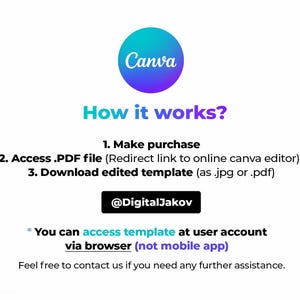 May include: A Canva logo with the text "How it works?" and a list of steps for purchasing and accessing a digital template. The steps include making a purchase, accessing a PDF file, and downloading an edited template. The text also includes the username "@DigitalJakov" and a note that the template can be accessed via browser, but not a mobile app.