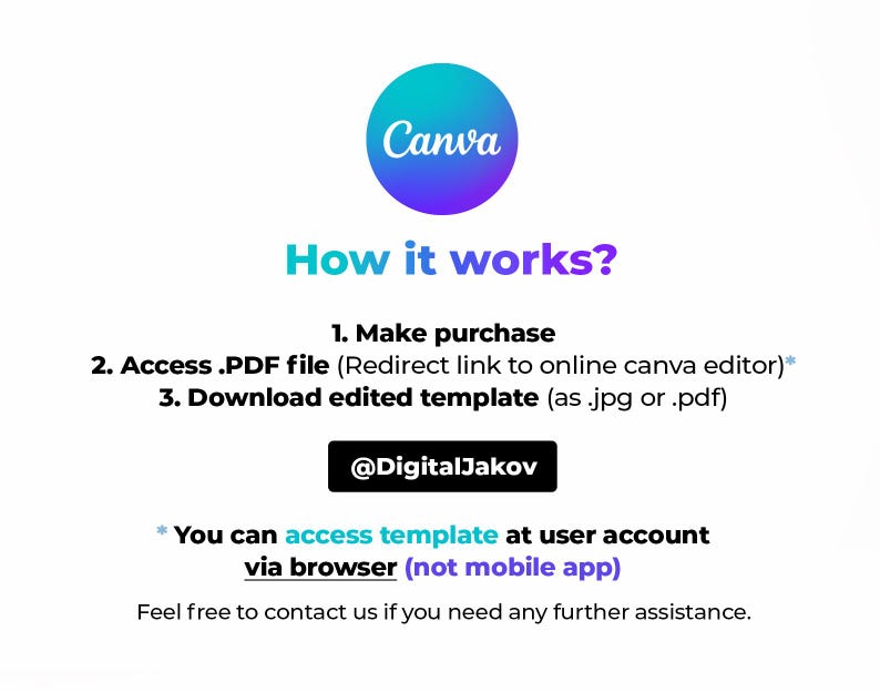 May include: A Canva logo with the text "How it works?" and a list of steps for purchasing and accessing a digital template. The steps include making a purchase, accessing a PDF file, and downloading an edited template. The text also includes the username "@DigitalJakov" and a note that the template can be accessed via browser, but not a mobile app.