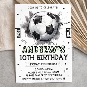 Bewerkbare voetbal verjaardagsuitnodiging sjabloon, afdrukbare verjaardagsfeestuitnodigingen, digitale kinderfeestuitnodiging, 5x7, Canva DJNEW1 afbeelding 2