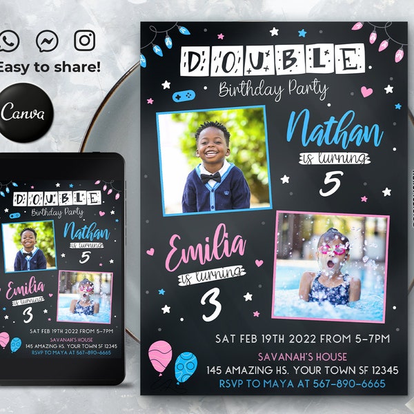 Editable Boy and Girl Birthday Invitation Template, Printable Birthday Party Invitations, Digital Kids Party Invite, 5x7, Canva