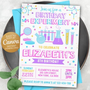 May include: A pink and blue birthday party invitation with a science theme. The invitation features a beaker, test tubes, and a magnifying glass. The text on the invitation reads "Join us for a Birthday Experiment to celebrate Elizabeth's 8th Birthday".