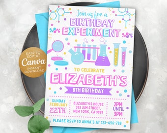 May include: A pink and blue birthday party invitation with a science theme. The invitation features a beaker, test tubes, and a magnifying glass. The text on the invitation reads "Join us for a Birthday Experiment to celebrate Elizabeth's 8th Birthday".