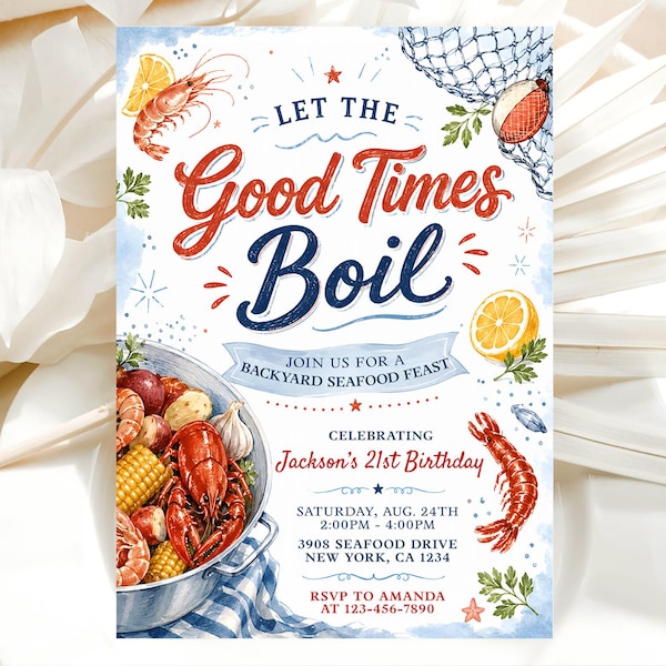 Seafood Birthday Party Invitation, Let The Good Times Boil Invitation, Shrimp, Squid, Crawfish, Editable Canva Template 2