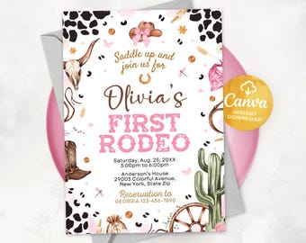 Första rodeoinbjudan: Cowgirl Vilda västern-födelsedag (redigerbar canvas)