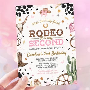 May include: Pink and brown birthday invitation with a cowboy theme. The invitation says "This ain't my first Rodeo... It's my Second" and includes the text "Saddle up and ride on over for Caroline's 2nd Birthday".