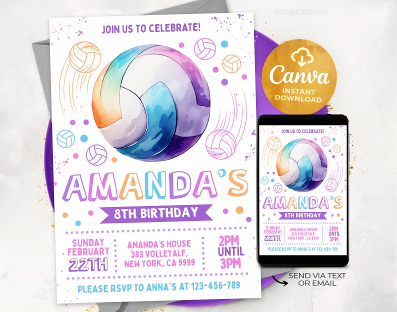 Puede incluir: Una invitaci&oacute;n colorida para el octavo cumplea&ntilde;os de Amanda. La invitaci&oacute;n presenta una ilustraci&oacute;n de acuarela de un bal&oacute;n de voleibol con un esquema de color arco&iacute;ris. El texto de la invitaci&oacute;n dice "&iexcl;&Uacute;nete a nosotros para celebrar! El octavo cumplea&ntilde;os de Amanda" e incluye detalles sobre la fiesta, como la fecha, la hora y el lugar. La invitaci&oacute;n tambi&eacute;n incluye un n&uacute;mero de tel&eacute;fono para las RSVP.