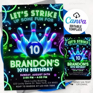 May include: Neon green and blue bowling themed birthday party invitation with the text "Let's Strike Up Some Fun For Brandon's 10th Birthday" and details for the party, including date, time, location, and RSVP information.