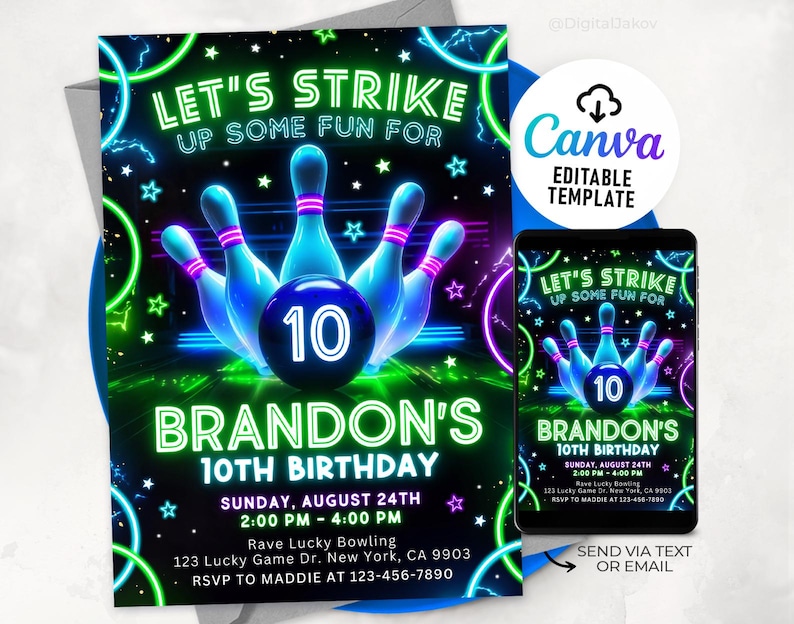 May include: Neon green and blue bowling themed birthday party invitation with the text "Let's Strike Up Some Fun For Brandon's 10th Birthday" and details for the party, including date, time, location, and RSVP information.