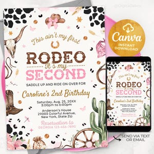 May include: A pink and white printable invitation for a second birthday party with a rodeo theme. The invitation features a cowboy hat, boots, a horseshoe, and a cactus. The text on the invitation reads "This ain't my first rodeo, it's my second. Saddle up and ride on over for Caroline's 2nd Birthday."