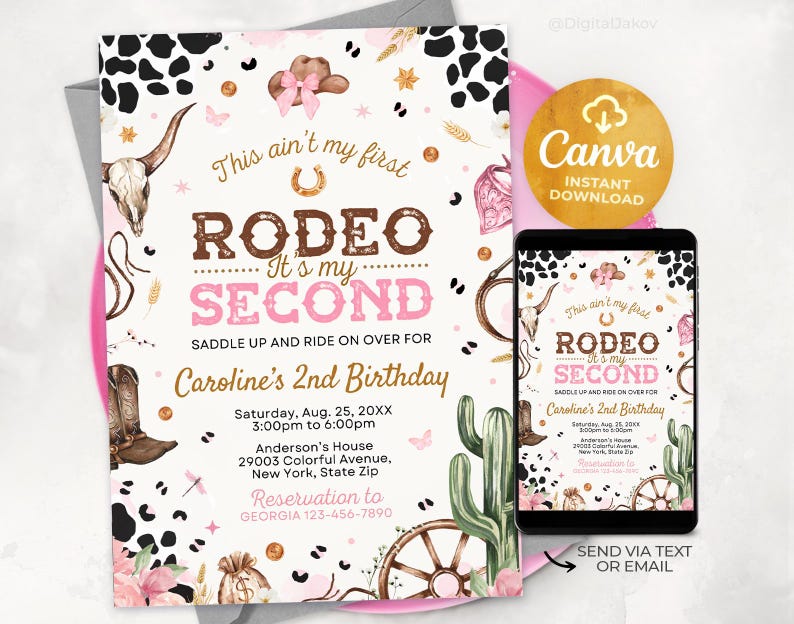 May include: A pink and white printable invitation for a second birthday party with a rodeo theme. The invitation features a cowboy hat, boots, a horseshoe, and a cactus. The text on the invitation reads "This ain't my first rodeo, it's my second. Saddle up and ride on over for Caroline's 2nd Birthday."