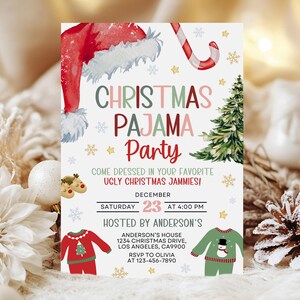 May include: A Christmas Pajama Party invitation with festive graphics. The invitation features a Santa hat, candy cane, Christmas tree, and snowflake illustrations. Text includes party details: date, time, and location.