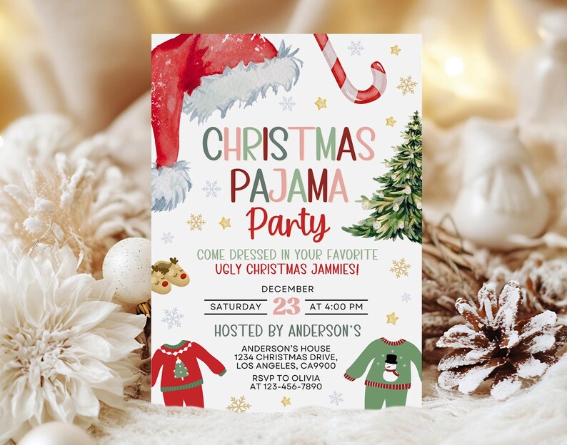 May include: A Christmas Pajama Party invitation with festive graphics. The invitation features a Santa hat, candy cane, Christmas tree, and snowflake illustrations. Text includes party details: date, time, and location.